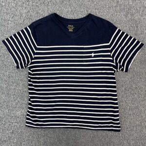 Polo Ralph Lauren Boys Sz L 14-16 Blue White Striped V Neck Short Sleeve T Shirt